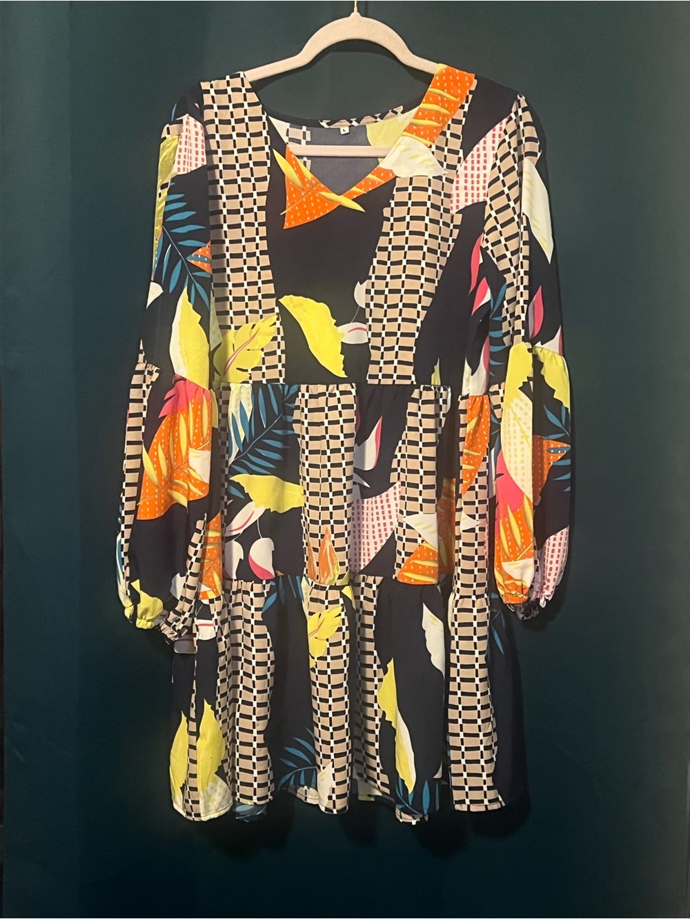 Black Floral Geo Tiered Long-Sleeve Dress